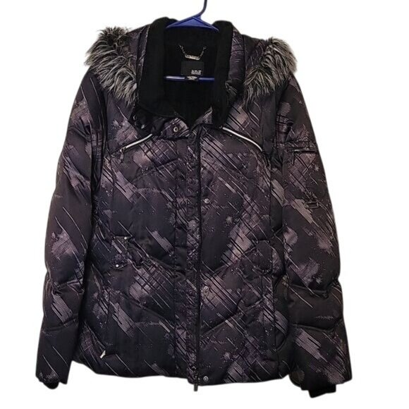 Ana Womens Black, Gray‎ & Purple Faux Fur Hooded Winter Coat XL - Picture 1 of 8